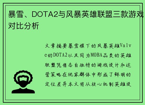 暴雪、DOTA2与风暴英雄联盟三款游戏对比分析